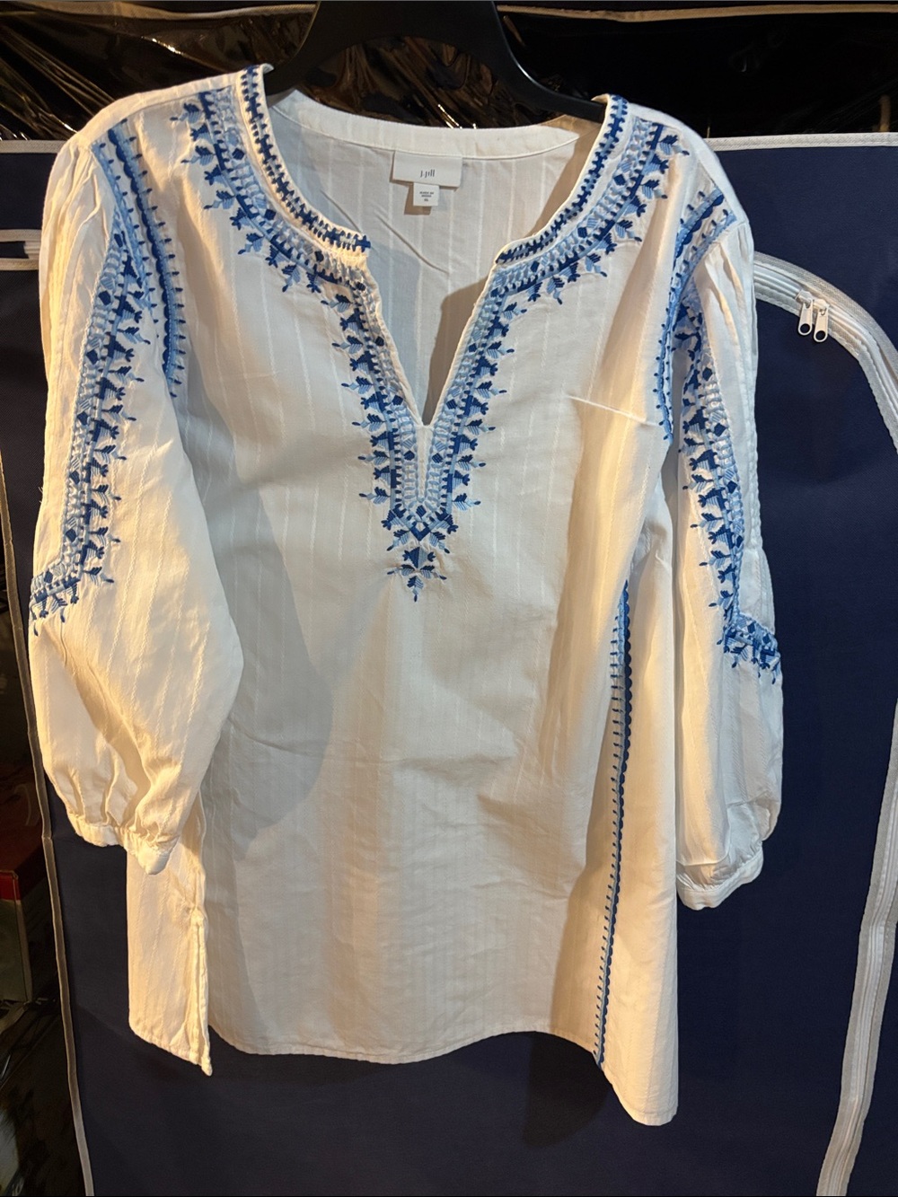 J. Jill White Tunic with Blue Embroidery